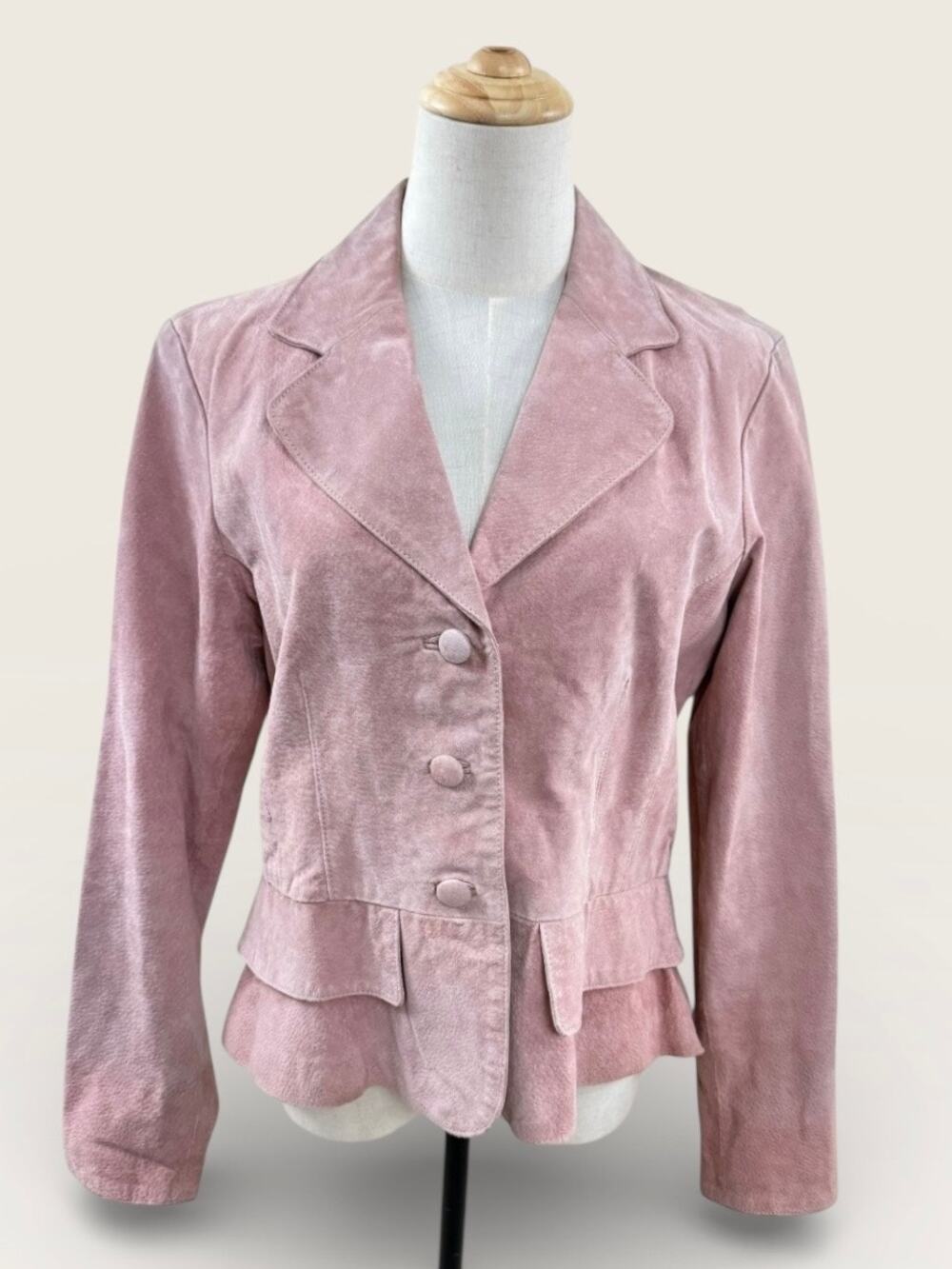 Hannah 100% Leather Mauve Peplum Jacket with Ruffle & Leopard Print Lining, Sz L